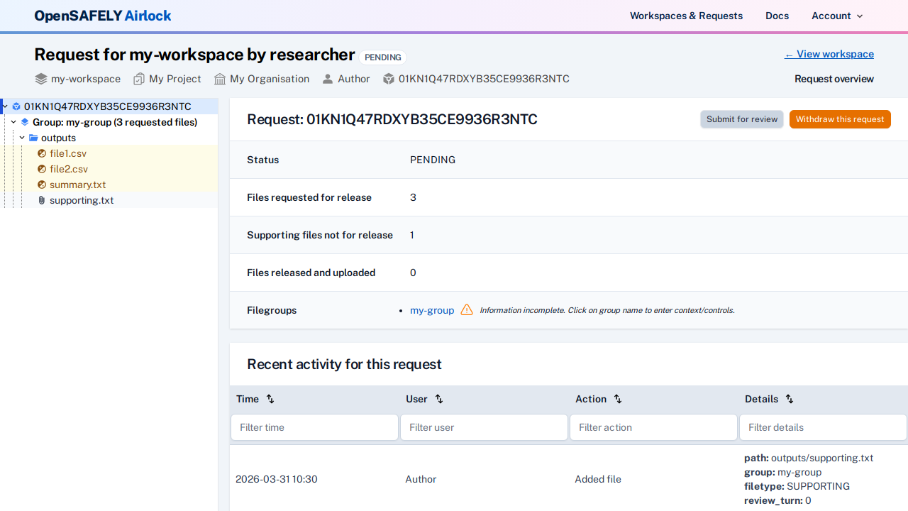 Incomplete file group in request overview